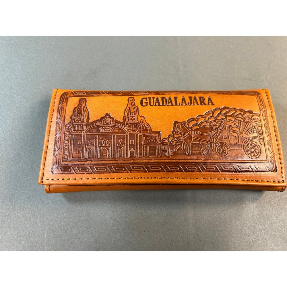 Handcrafted Guadalajara Mexico Embossed Leather Clutch Wallet Aztec Calendar